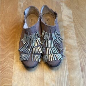 Fringed Taupe Mules with Metallic Tassels